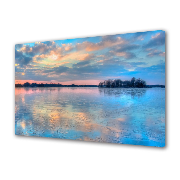 Tablou Canvas Led cu Intrerupator, Luminos in Intuneric, Premium, Art Star, Lac inghetat reflectand cerul, Panza pe cadru de lemn, Decoratiuni Moderne pentru Casa, 60 x 90 cm