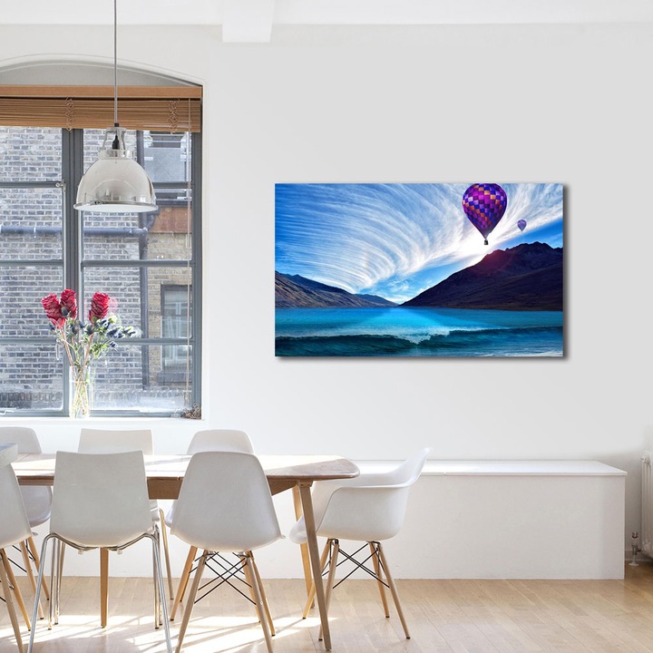 Tablou Canvas Premium ArtDeco, Balon cu aer cald peste mari si munti, Panza pe cadru de lemn, Decoratiuni Moderne pentru Casa, 70 x 100 cm