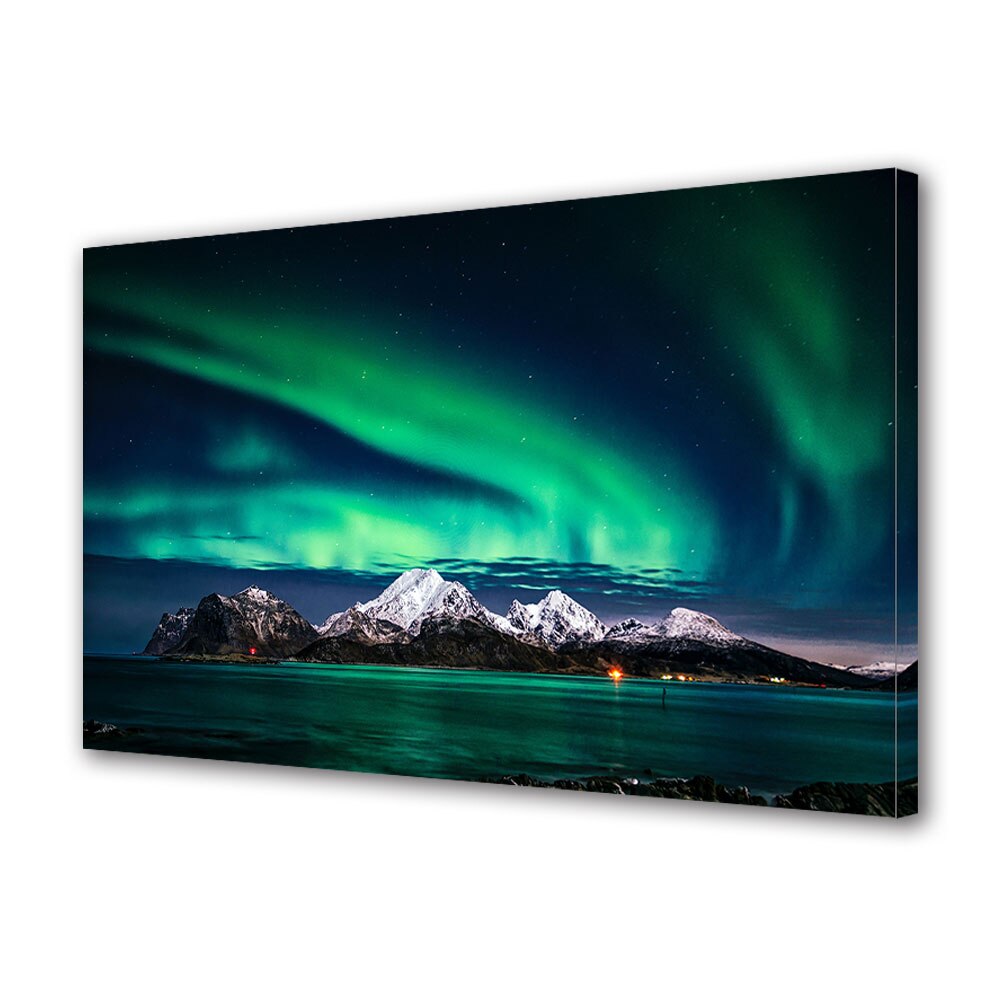 Tablou Canvas Premium ArtDeco, Aurora boreala deasupra muntilor inzapeziti, Panza pe cadru de lemn, Decoratiuni Moderne pentru Casa, 80 x 160 cm