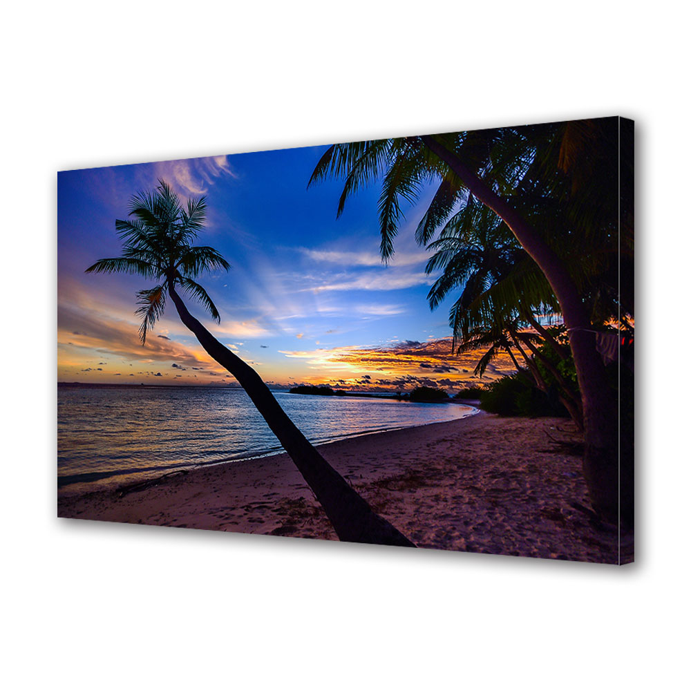 Tablou Canvas Premium ArtDeco, Cer multicolor si siluete de palmieri, Panza pe cadru de lemn, Decoratiuni Moderne pentru Casa, 80 x 120 cm