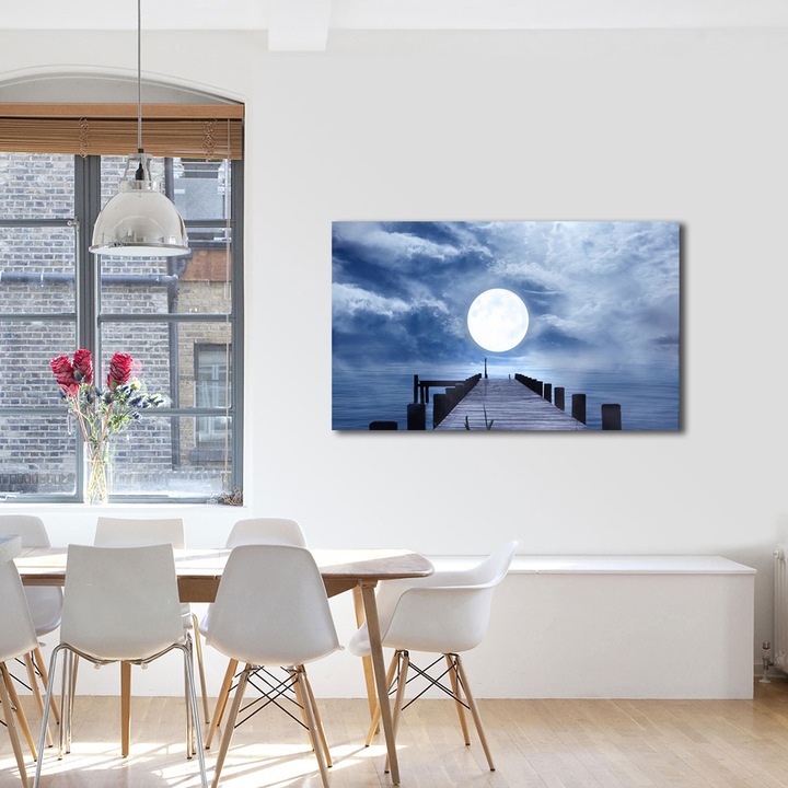 Tablou Canvas Premium ArtDeco, Pe ponton in lumina lunii, Panza pe cadru de lemn, Decoratiuni Moderne pentru Casa, 70 x 100 cm