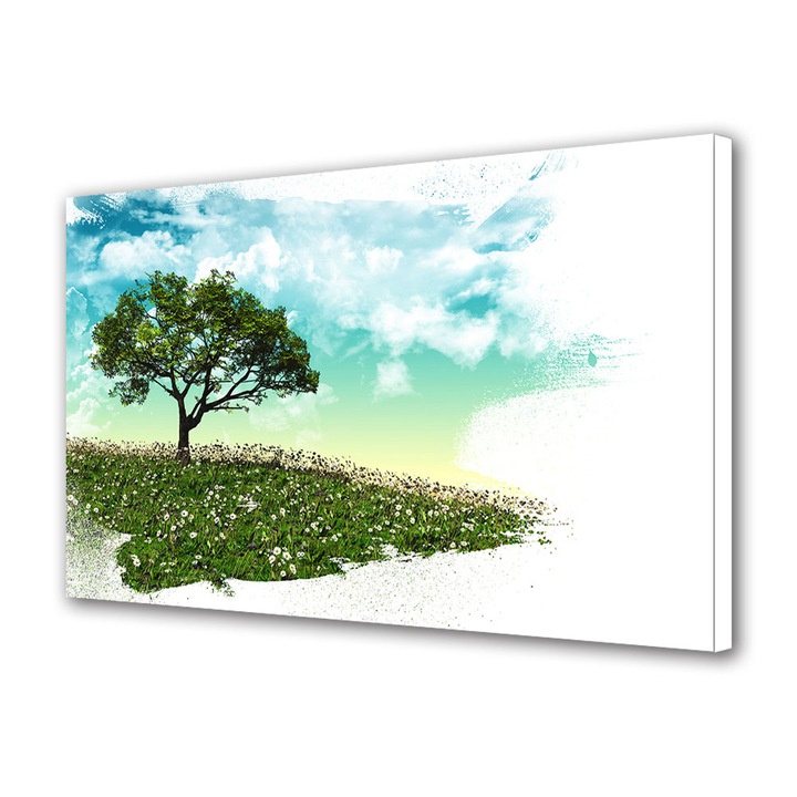 Tablou Canvas Premium ArtDeco, Copac pictat pe dealul verde, Panza pe cadru de lemn, Decoratiuni Moderne pentru Casa, 70 x 100 cm