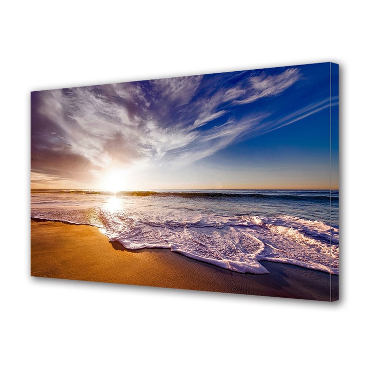 Tablou Canvas Led cu Intrerupator, Luminos in Intuneric, Premium, Art Star, Pe plaja la rasarit, Panza pe cadru de lemn, Decoratiuni Moderne pentru Casa, 50 x 70 cm