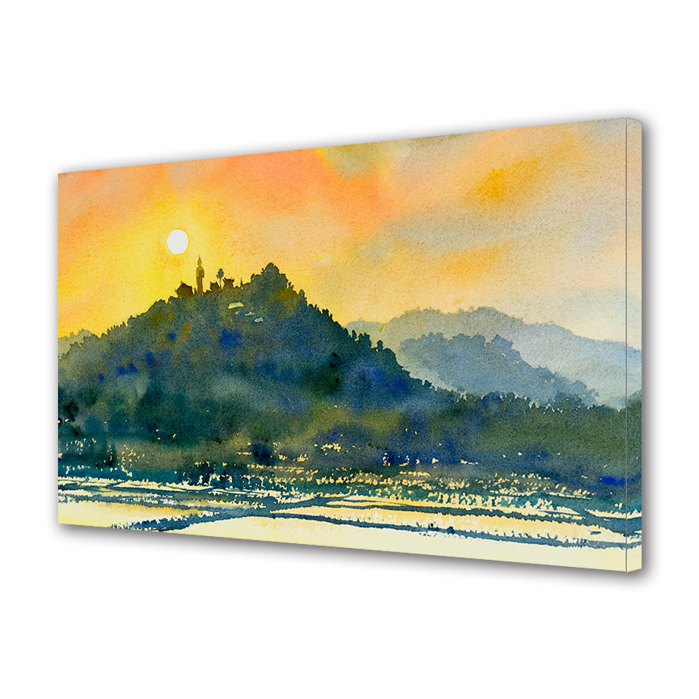 Tablou Canvas Premium ArtDeco, Soarele apune peste dealul inverzit, Panza pe cadru de lemn, Decoratiuni Moderne pentru Casa, 80 x 120 cm