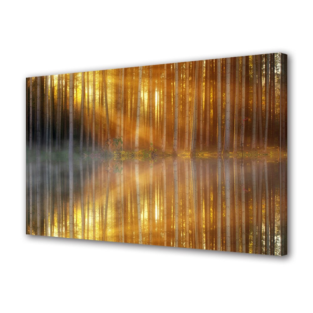 Tablou Canvas Premium ArtDeco, Copaci inalti in oglinda lacului, Panza pe cadru de lemn, Decoratiuni Moderne pentru Casa, 20 x 30 cm