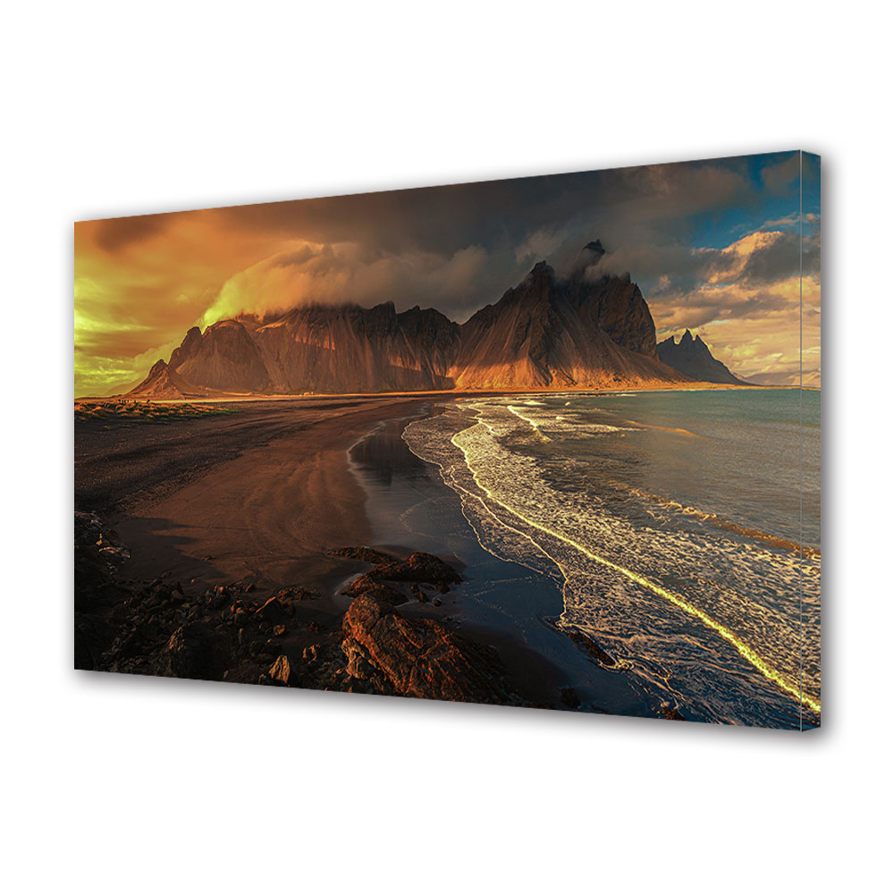 Tablou Canvas Premium ArtDeco, Dealuri la mare si soarele apunand, Panza pe cadru de lemn, Decoratiuni Moderne pentru Casa, 30 x 45 cm