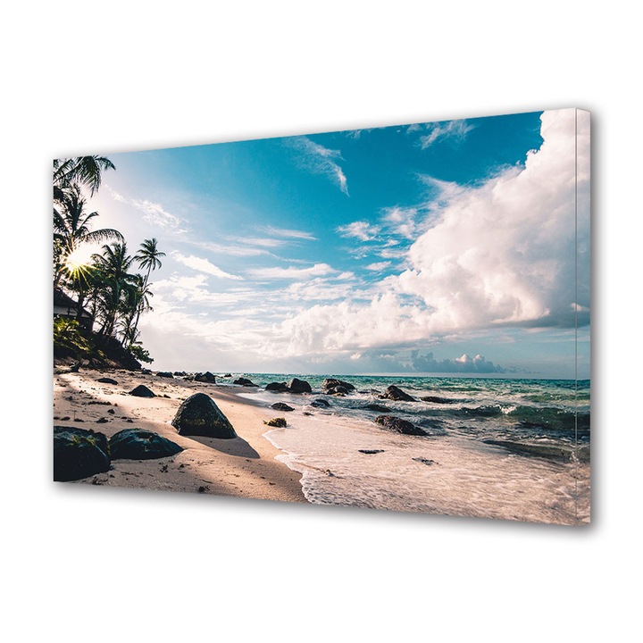 Tablou Canvas Led cu Intrerupator, Luminos in Intuneric, Premium, Art Star, Plaja insorita, Panza pe cadru de lemn, Decoratiuni Moderne pentru Casa, 70 x 100 cm