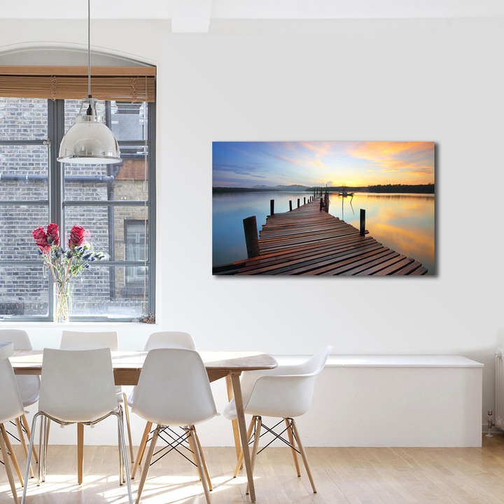 Tablou Canvas Premium ArtDeco, Ponton deasupra lacului limpede, Panza pe cadru de lemn, Decoratiuni Moderne pentru Casa, 80 x 120 cm
