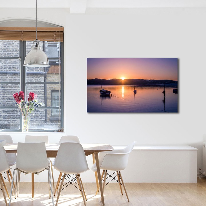 Tablou Canvas Premium ArtDeco, Barca pentru pescuit la apus, Panza pe cadru de lemn, Decoratiuni Moderne pentru Casa, 80 x 120 cm