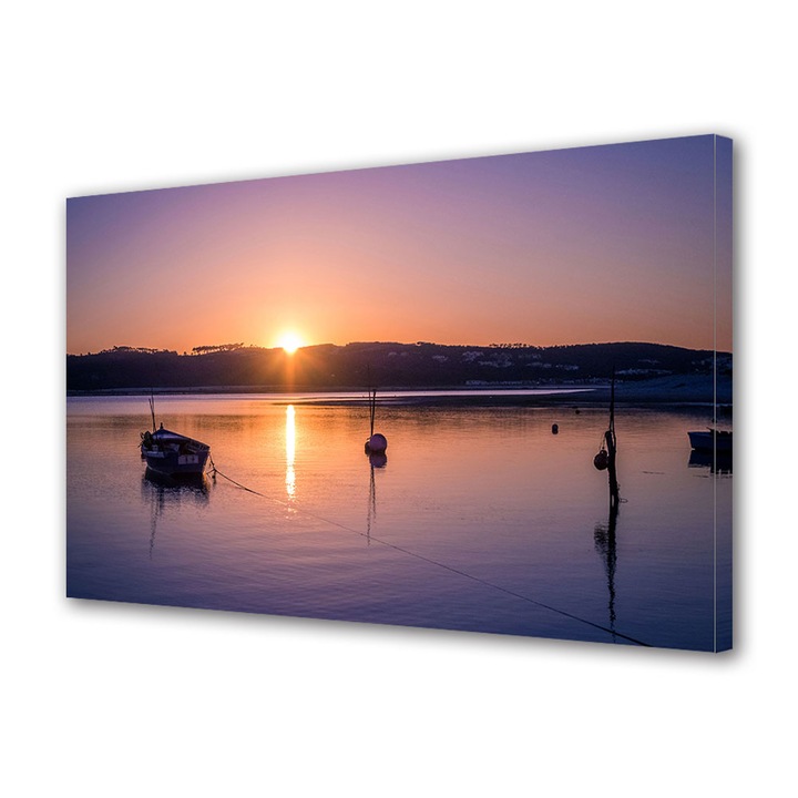Tablou Canvas Premium ArtDeco, Barca pentru pescuit la apus, Panza pe cadru de lemn, Decoratiuni Moderne pentru Casa, 80 x 120 cm
