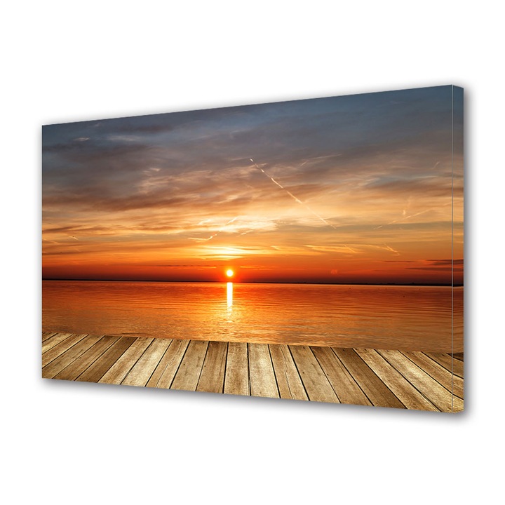 Tablou Canvas Fosforescent, Luminos in Intuneric, Premium, Art Star, Apus rosu peste ponton, Peisaje, Panza pe cadru de lemn, Decoratiuni Moderne pentru Casa, 20 x 30 cm
