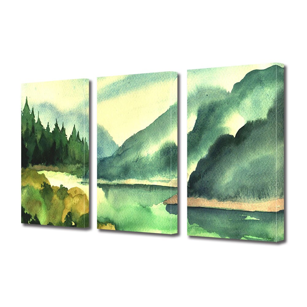 Set Tablouri Multicanvas 3 piese ArtDeco, Peisaj montan pictat, Panza pe cadru de lemn, Decoratiuni Moderne pentru Casa, 3 x 30 x 45 cm