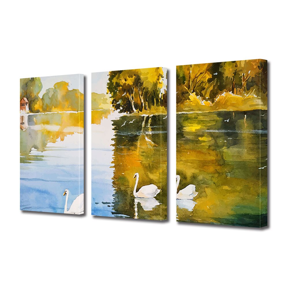 Set Tablouri Multicanvas 3 piese ArtDeco, Lebede pictate pe lacul cristalin, Panza pe cadru de lemn, Decoratiuni Moderne pentru Casa, 3 x 70 x 100 cm