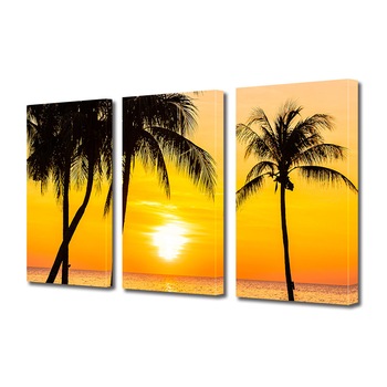 Set Tablouri Multicanvas 3 piese ArtDeco, Siluete de palmieri la apus, Panza pe cadru de lemn, Decoratiuni Moderne pentru Casa, 3 x 20 x 30 cm Set Tablouri Multicanvas 3 piese ArtDeco, Siluete de palmieri la apus, Panza pe cadru de lemn, Decoratiuni Moderne pentru Casa, 3 x 20 x 30 cm