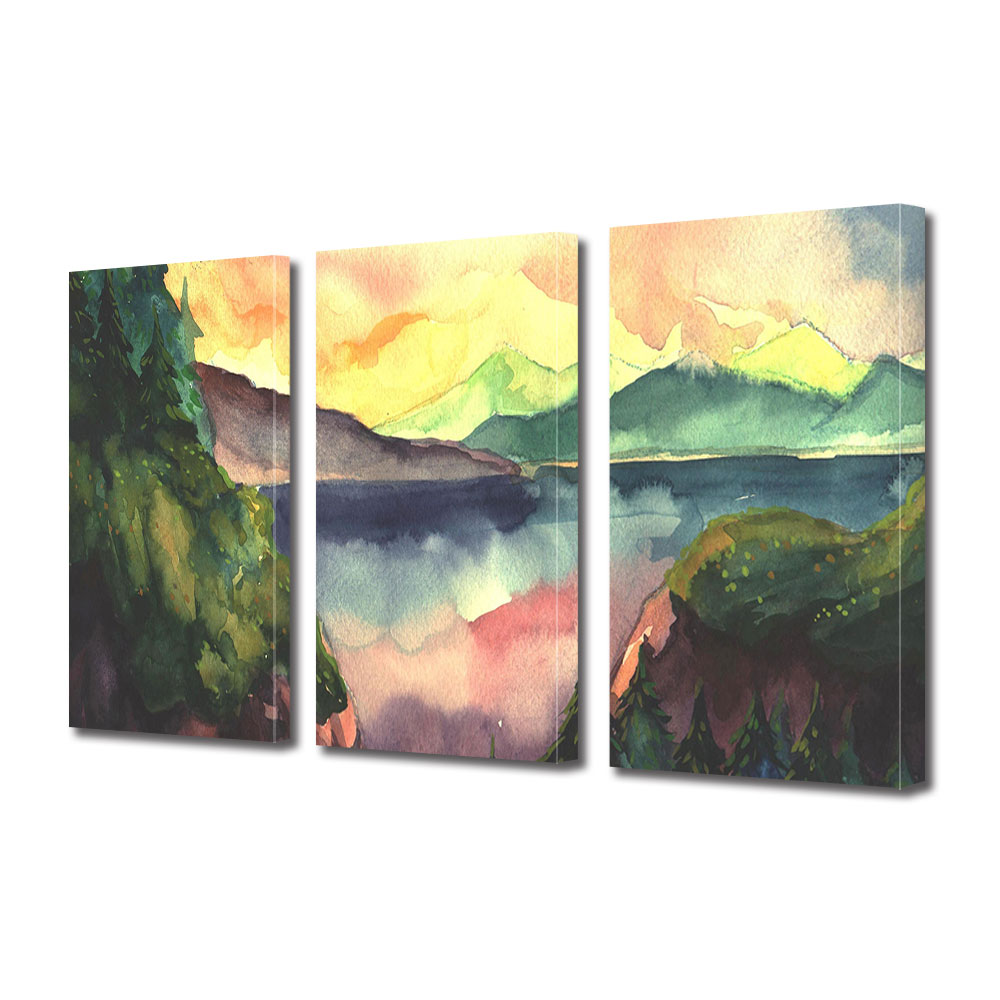 Set Tablouri Multicanvas 3 piese ArtDeco, Lac pictat sub cerul in culori calde, Panza pe cadru de lemn, Decoratiuni Moderne pentru Casa, 3 x 30 x 45 cm