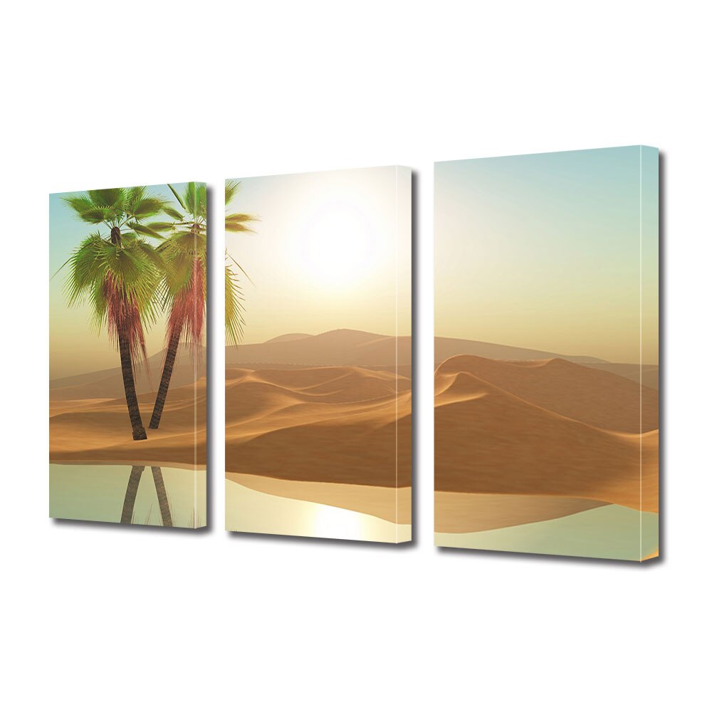 Set Tablouri Multicanvas 3 piese ArtDeco, Palmieri in desert, Panza pe cadru de lemn, Decoratiuni Moderne pentru Casa, 3 x 70 x 100 cm