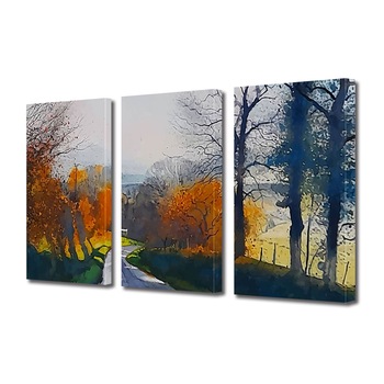 Set Tablouri Multicanvas 3 piese ArtDeco, Drum de toamna pictat, Panza pe cadru de lemn, Decoratiuni Moderne pentru Casa, 3 x 20 x 30 cm Set Tablouri Multicanvas 3 piese ArtDeco, Drum de toamna pictat, Panza pe cadru de lemn, Decoratiuni Moderne pentru Casa, 3 x 20 x 30 cm
