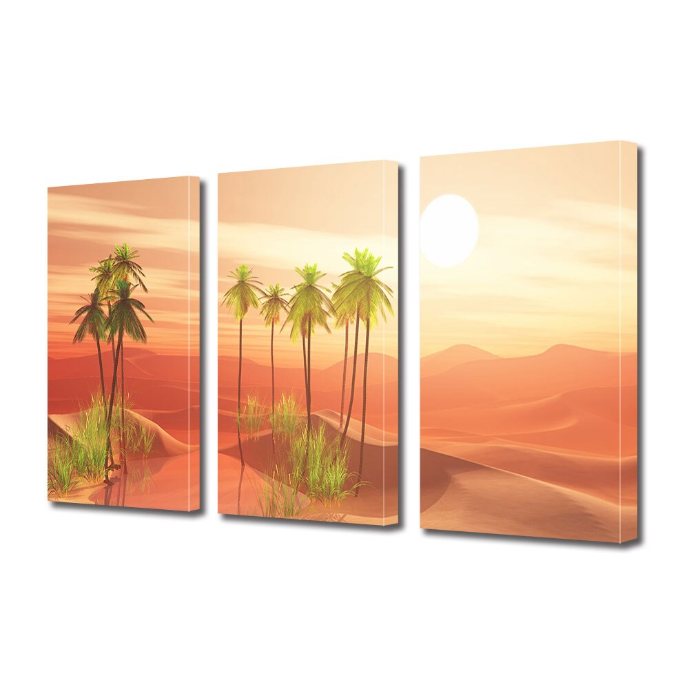 Set Tablouri Multicanvas 3 piese ArtDeco, Palmieri in desertul rosiatic, Panza pe cadru de lemn, Decoratiuni Moderne pentru Casa, 3 x 70 x 100 cm