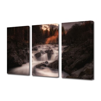 Set Tablouri Multicanvas 3 piese ArtDeco, Rau rapid la lasarea noptii, Panza pe cadru de lemn, Decoratiuni Moderne pentru Casa, 3 x 70 x 100 cm Set Tablouri Multicanvas 3 piese ArtDeco, Rau rapid la lasarea noptii, Panza pe cadru de lemn, Decoratiuni Moderne pentru Casa, 3 x 70 x 100 cm