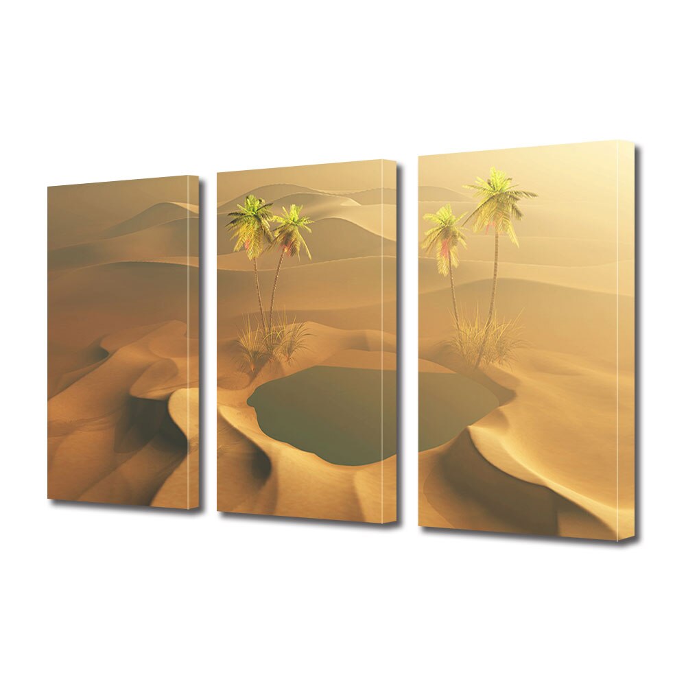 Set Tablouri Multicanvas 3 piese ArtDeco, Palmieri si oaza de apa in desert, Panza pe cadru de lemn, Decoratiuni Moderne pentru Casa, 3 x 70 x 100 cm