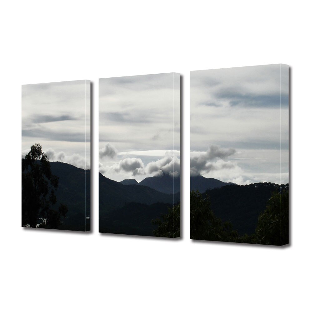 Set Tablouri Multicanvas 3 piese ArtDeco, Varf de munte acoperit de nori, Panza pe cadru de lemn, Decoratiuni Moderne pentru Casa, 3 x 20 x 30 cm