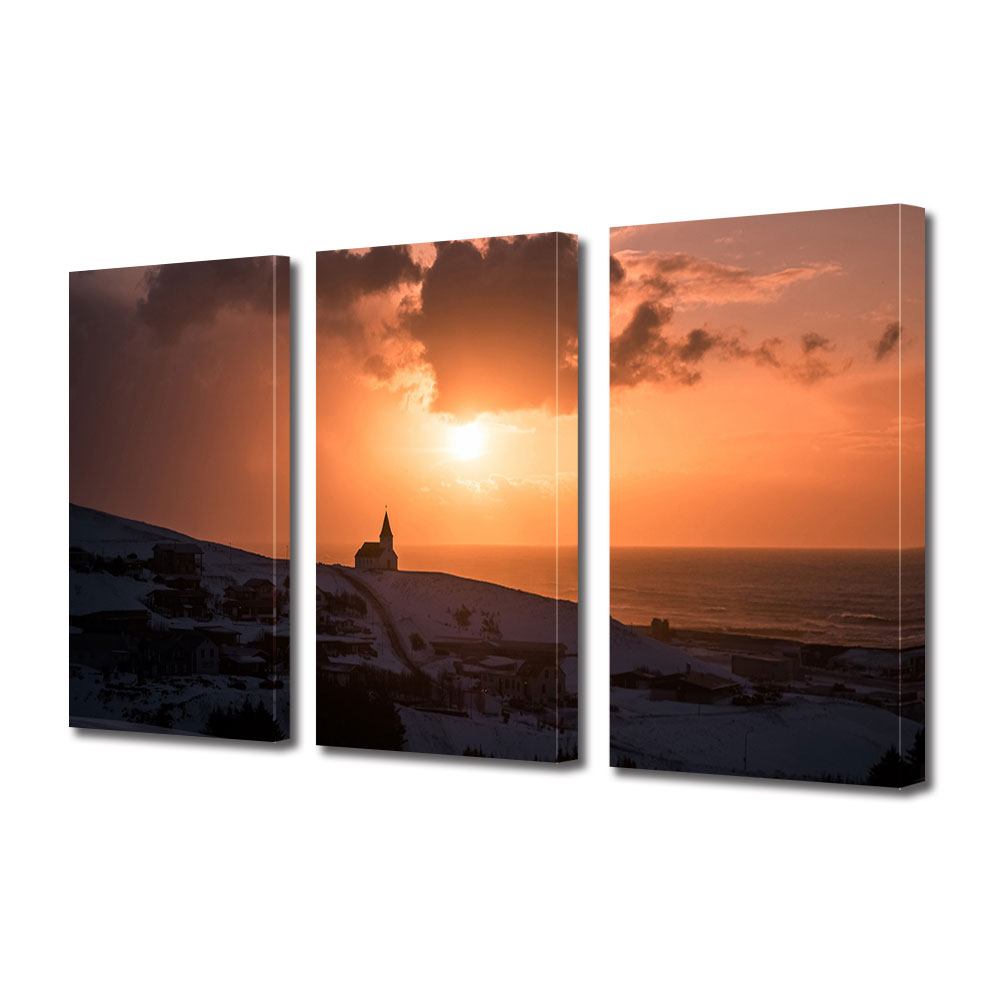 Set Tablouri Multicanvas 3 piese ArtDeco, Manastire la apus, Panza pe cadru de lemn, Decoratiuni Moderne pentru Casa, 3 x 20 x 30 cm