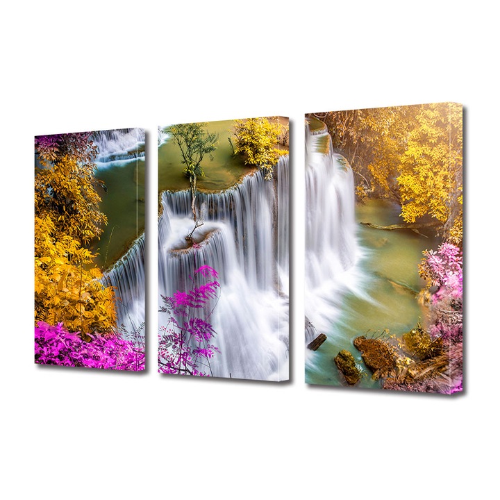 Set Tablouri Multicanvas 3 piese ArtDeco, Cascada si copaci in culori de poveste, Panza pe cadru de lemn, Decoratiuni Moderne pentru Casa, 3 x 20 x 30 cm