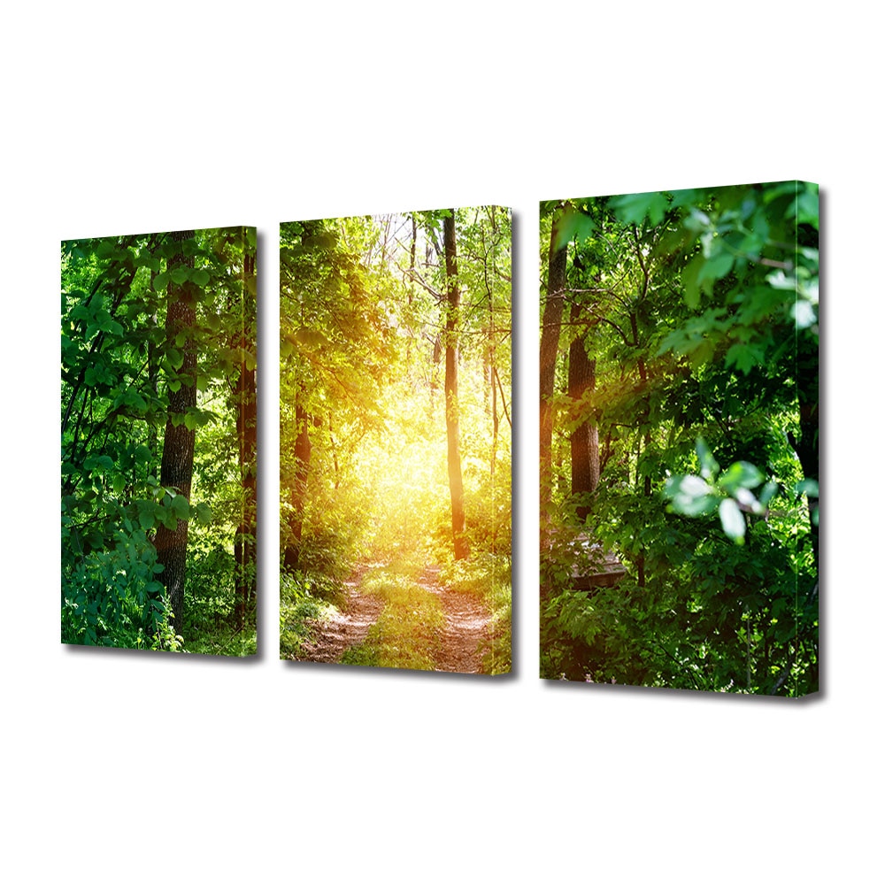 Set Tablouri Multicanvas 3 piese ArtDeco, Lumina calda in padurea verde, Panza pe cadru de lemn, Decoratiuni Moderne pentru Casa, 3 x 70 x 100 cm
