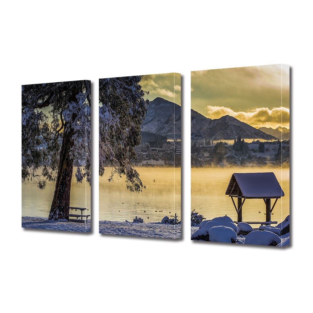 Set Tablouri Multicanvas 3 piese ArtDeco, Iarna pe lac, Panza pe cadru de lemn, Decoratiuni Moderne pentru Casa, 3 x 70 x 100 cm