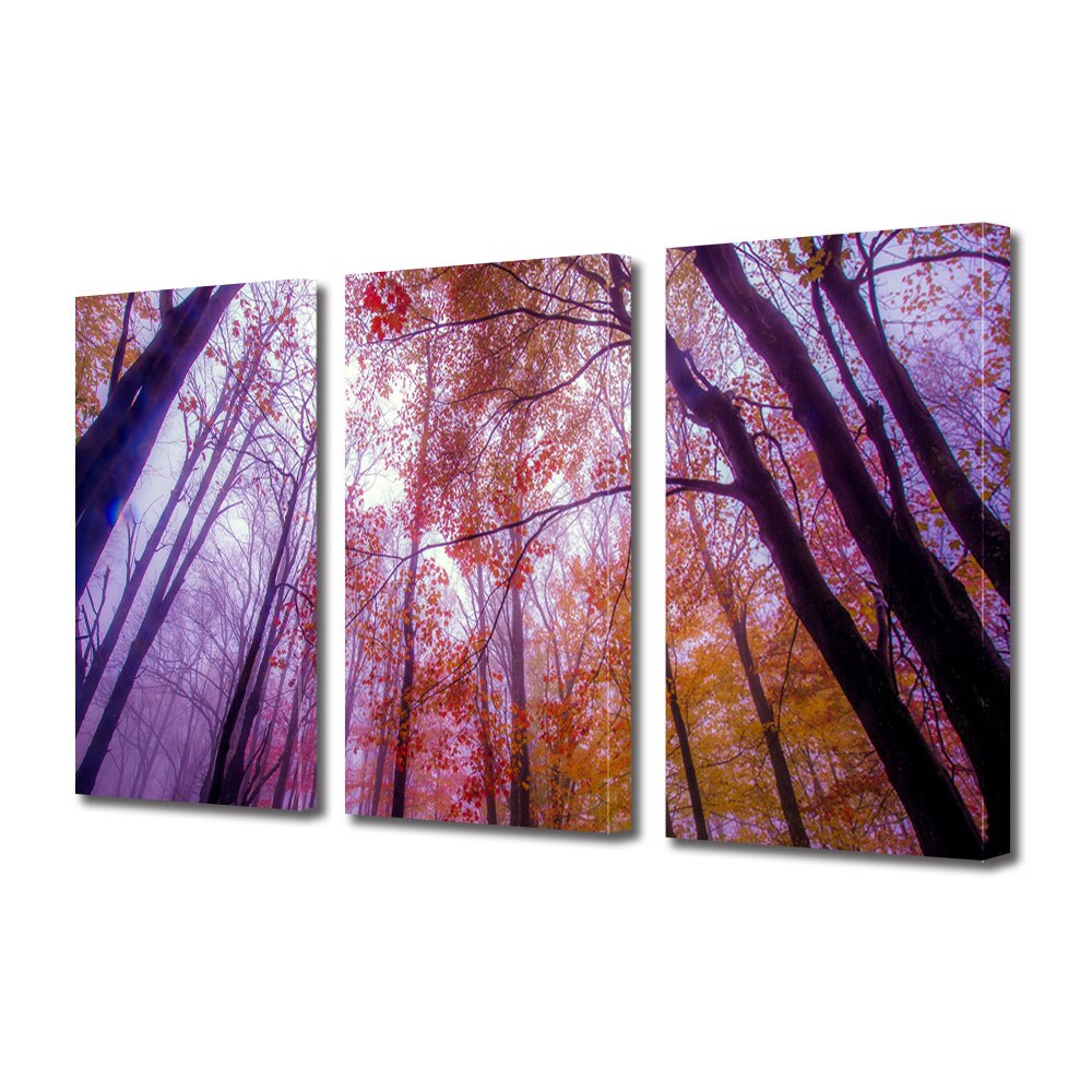 Set Tablouri Multicanvas 3 piese ArtDeco, Lumina violet in padurea tomnatica, Panza pe cadru de lemn, Decoratiuni Moderne pentru Casa, 3 x 70 x 100 cm