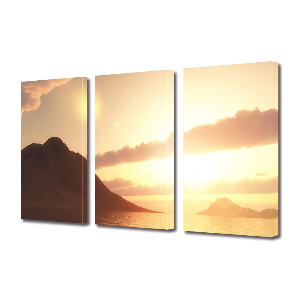 Set Tablouri Multicanvas 3 piese ArtDeco, Apus de soare peste ocean, Panza pe cadru de lemn, Decoratiuni Moderne pentru Casa, 3 x 70 x 100 cm