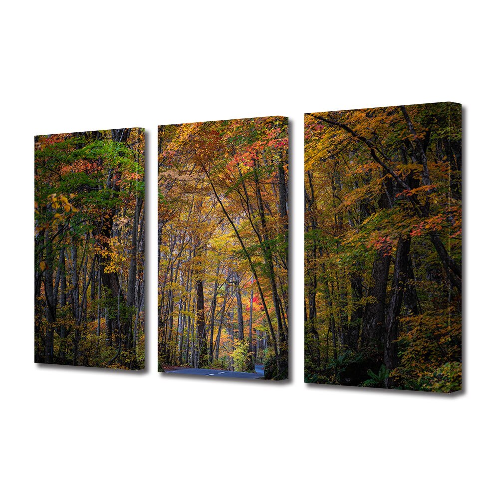 Set Tablouri Multicanvas 3 piese ArtDeco, Drum prin padurea aramie, Panza pe cadru de lemn, Decoratiuni Moderne pentru Casa, 3 x 70 x 100 cm