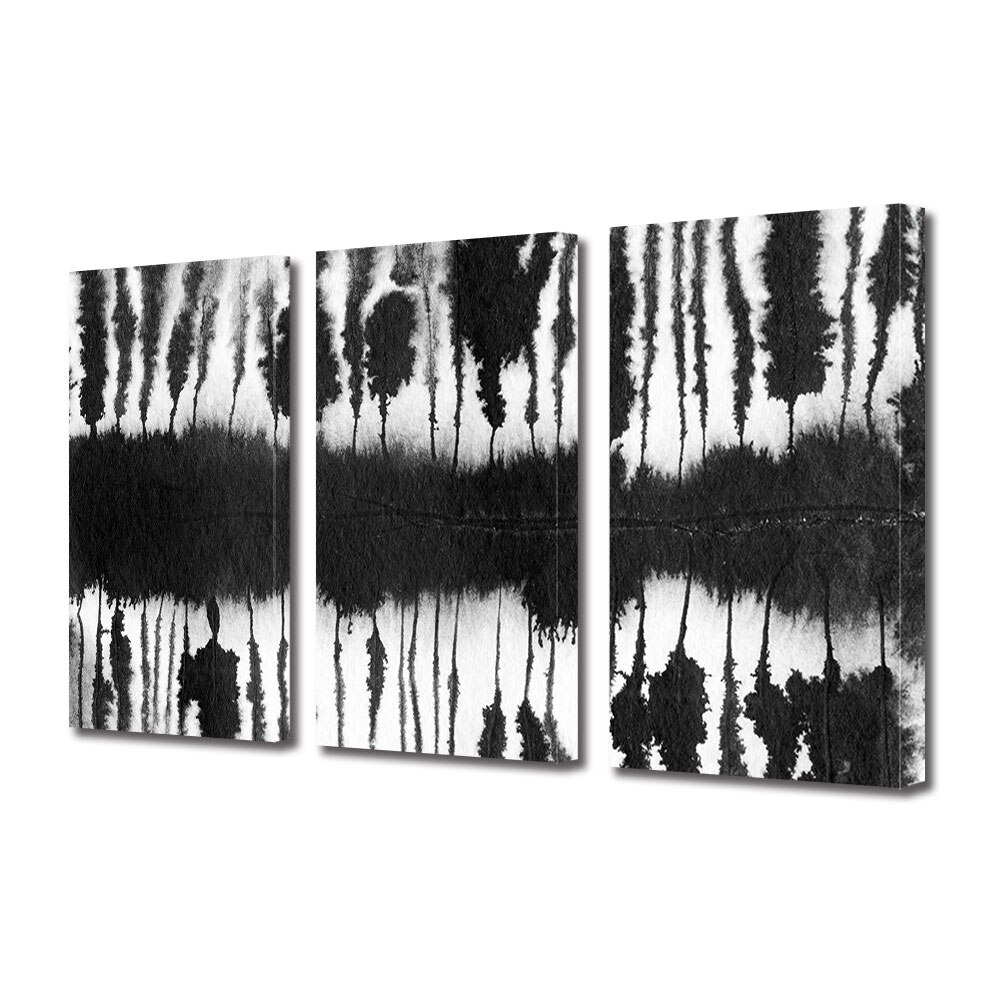 Set Tablouri Multicanvas 3 piese ArtDeco, Copaci in alb si negru reflectati, Panza pe cadru de lemn, Decoratiuni Moderne pentru Casa, 3 x 20 x 30 cm