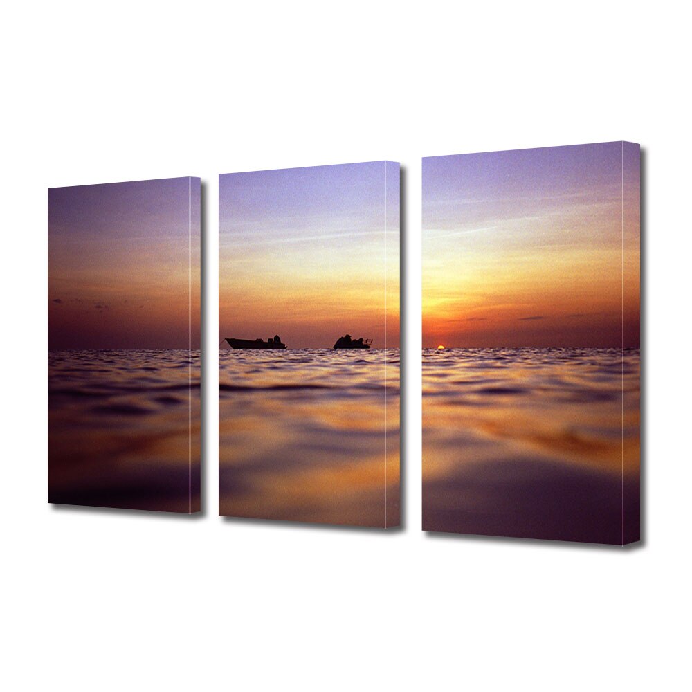 Set Tablouri Multicanvas 3 piese ArtDeco, Cu barca la apus, Panza pe cadru de lemn, Decoratiuni Moderne pentru Casa, 3 x 70 x 100 cm