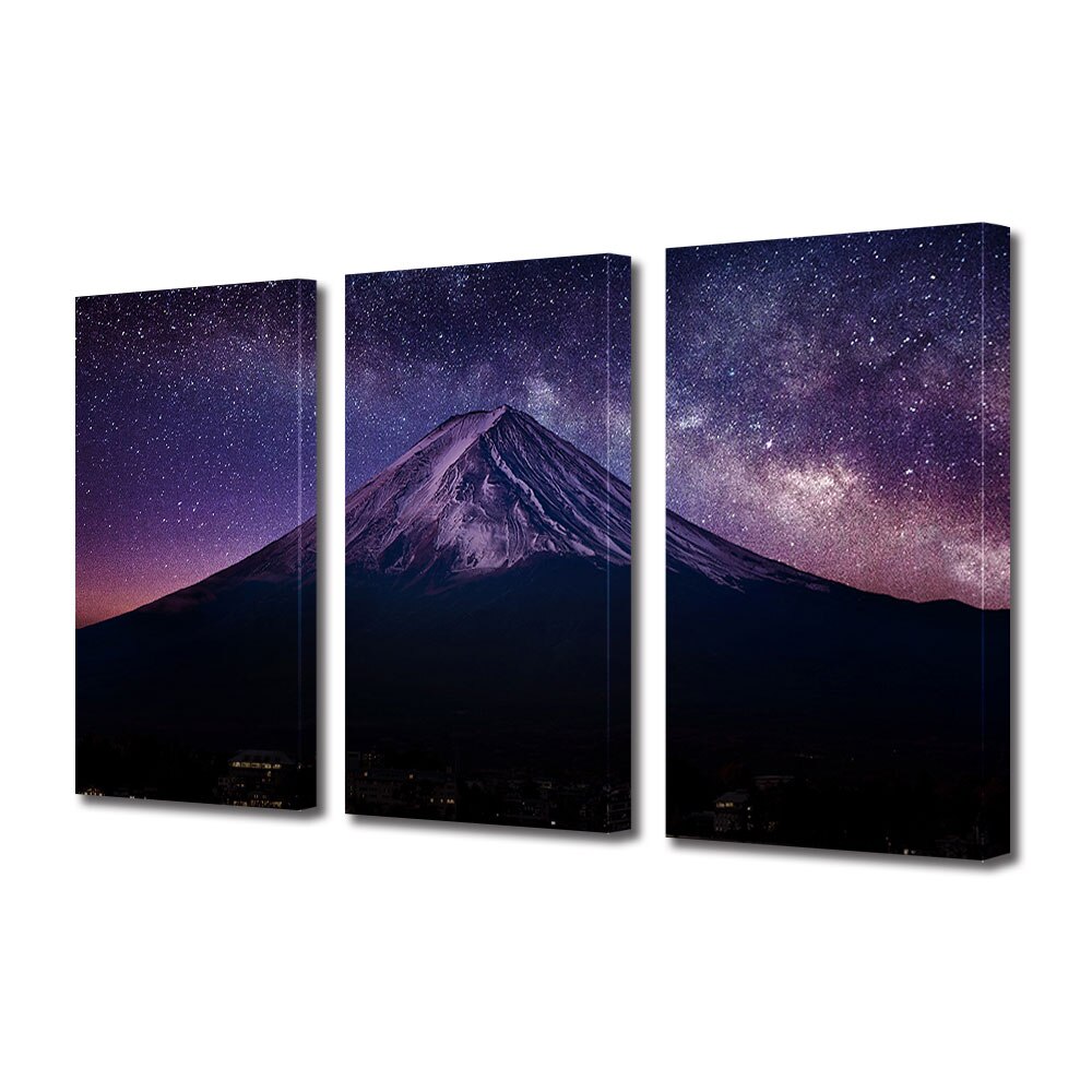 Set Tablouri Multicanvas 3 piese ArtDeco, Munte sub cerul plin de stele, Panza pe cadru de lemn, Decoratiuni Moderne pentru Casa, 3 x 20 x 30 cm