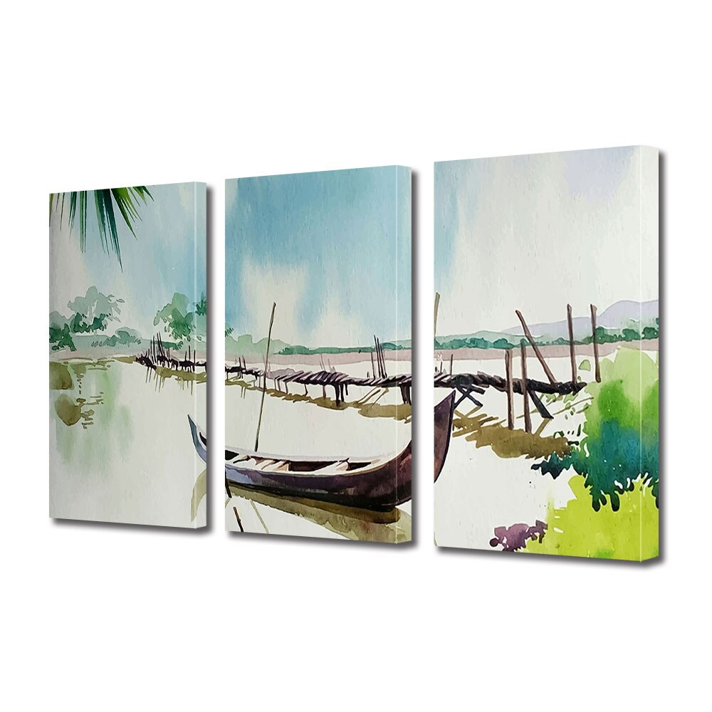 Set Tablouri Multicanvas ArtDeco, Barca reflectata, Panza pe cadru de lemn, Decoratiuni Moderne pentru Casa, 3 piese, 3 x 30 x 45 cm