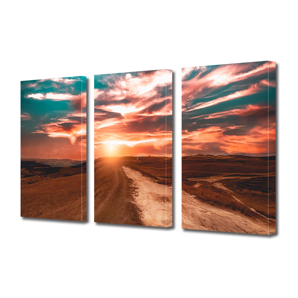 Set Tablouri Multicanvas 3 piese ArtDeco, Soare la apus si nori, Panza pe cadru de lemn, Decoratiuni Moderne pentru Casa, 3 x 70 x 100 cm