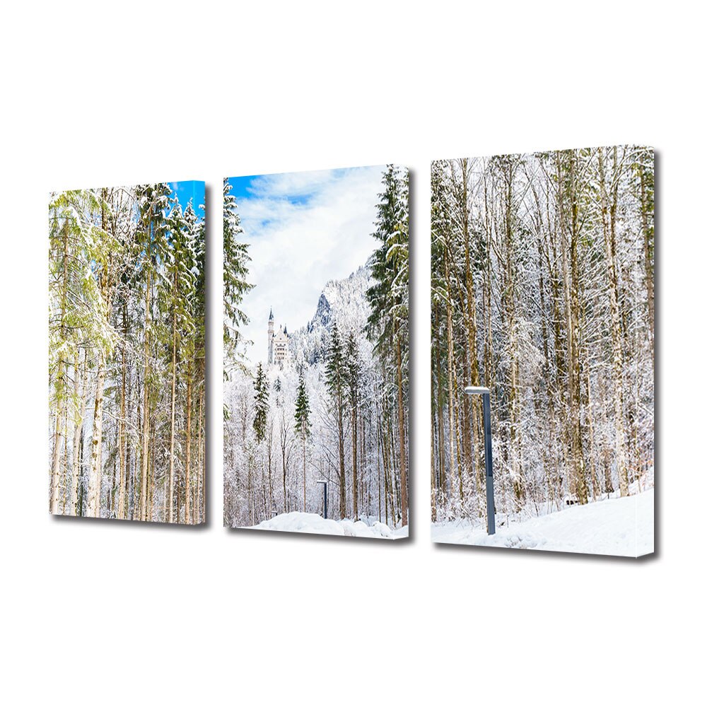 Set Tablouri Multicanvas 3 piese ArtDeco, Castelul din inima padurii inghetate, Panza pe cadru de lemn, Decoratiuni Moderne pentru Casa, 3 x 70 x 100 cm