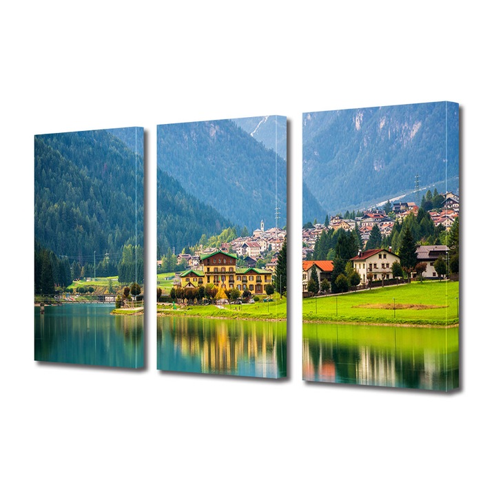 Set Tablouri Multicanvas 3 piese ArtDeco, Sat la munte in Italia, Panza pe cadru de lemn, Decoratiuni Moderne pentru Casa, 3 x 40 x 60 cm