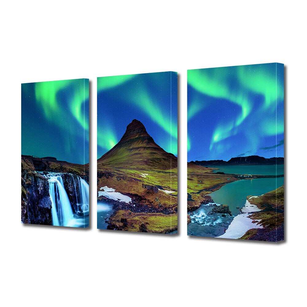 Set Tablouri Multicanvas 3 piese ArtDeco, Aurora boreala si cascadele mistice, Panza pe cadru de lemn, Decoratiuni Moderne pentru Casa, 3 x 70 x 100 cm