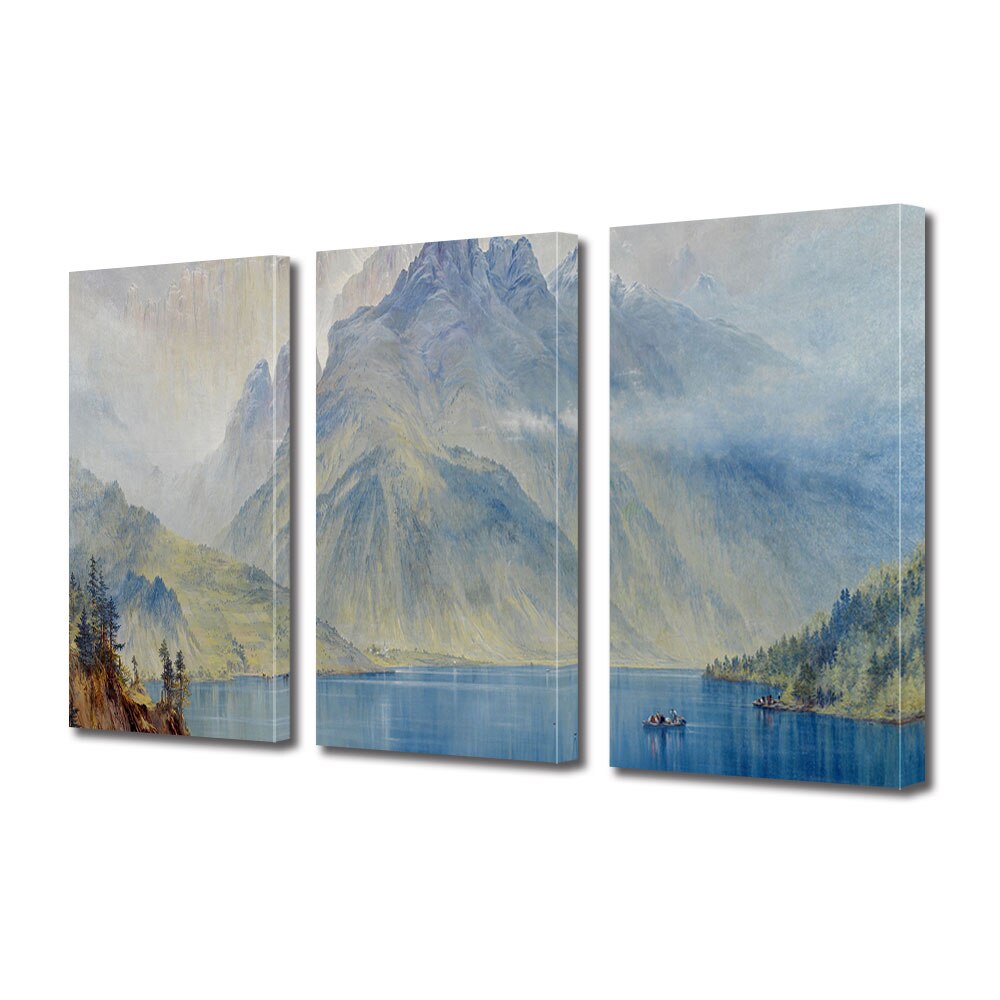 Set Tablouri Multicanvas 3 piese ArtDeco, Lac la munte pictat, Panza pe cadru de lemn, Decoratiuni Moderne pentru Casa, 3 x 70 x 100 cm