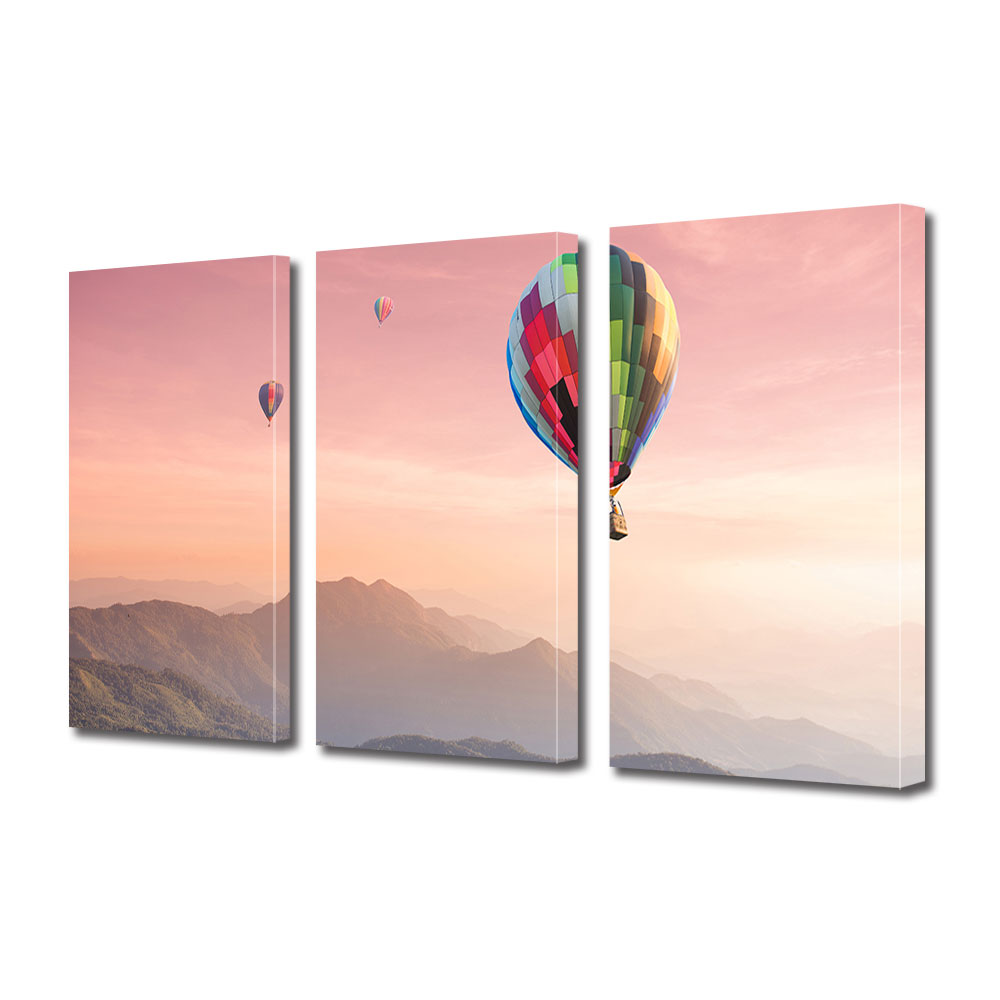 Set Tablouri Multicanvas 3 piese ArtDeco, Baloane cu aer cald la apus, Panza pe cadru de lemn, Decoratiuni Moderne pentru Casa, 3 x 20 x 30 cm