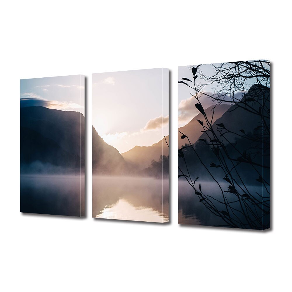 Set Tablouri Multicanvas 3 piese ArtDeco, Ceata deasupra apei, Panza pe cadru de lemn, Decoratiuni Moderne pentru Casa, 3 x 70 x 100 cm