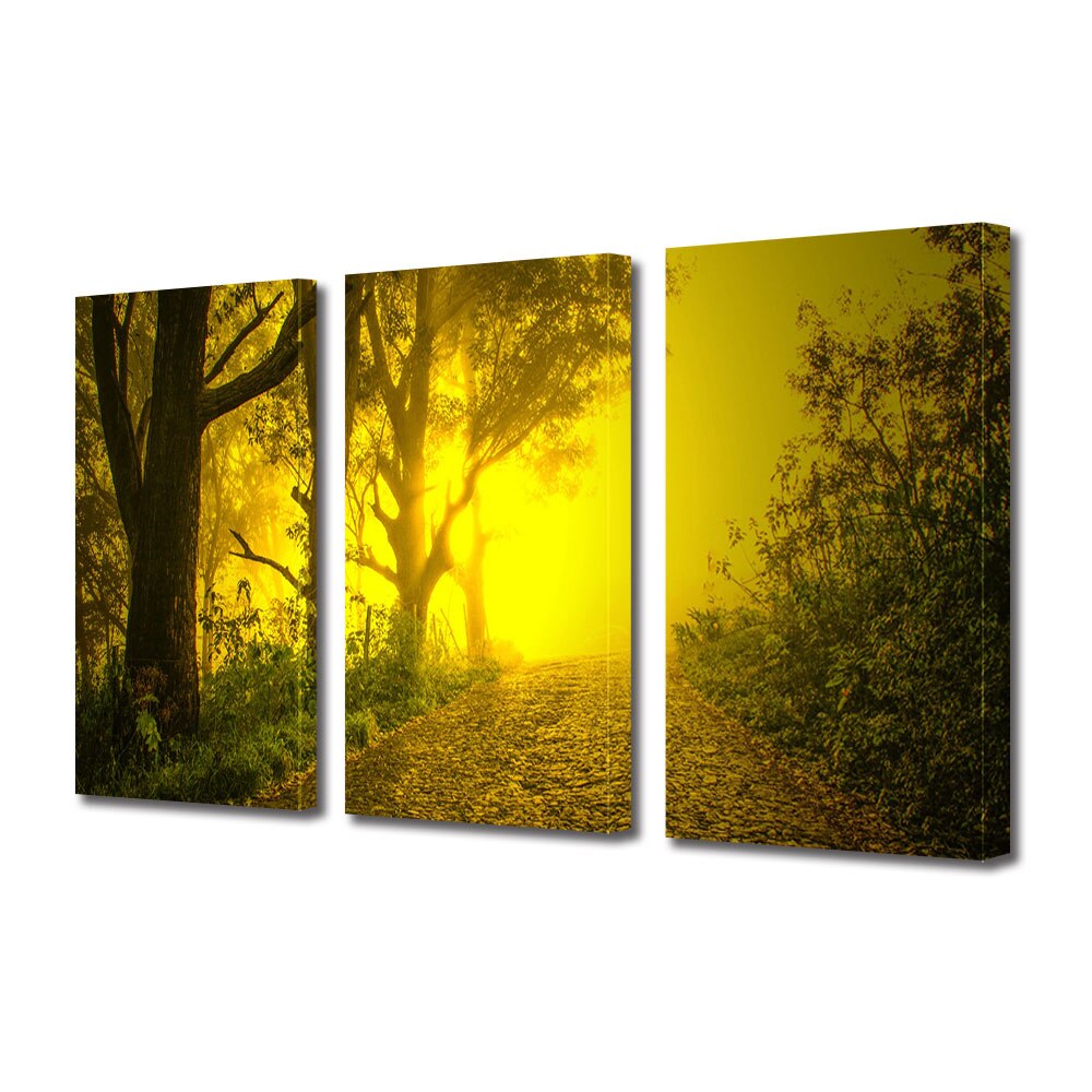 Set Tablouri Multicanvas 3 piese ArtDeco, Lumina de foc pe drum, Panza pe cadru de lemn, Decoratiuni Moderne pentru Casa, 3 x 70 x 100 cm