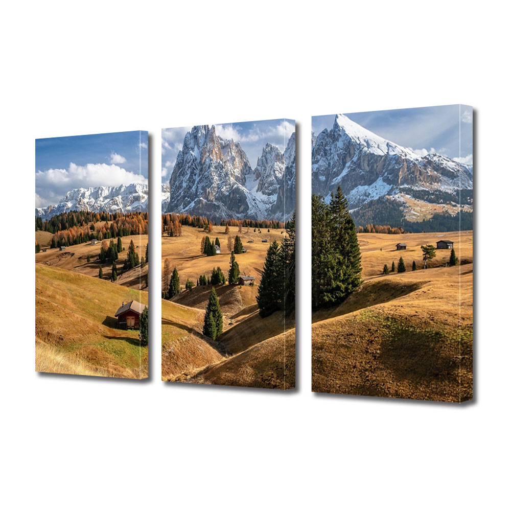 Set Tablouri Multicanvas 3 piese ArtDeco, Pajiste aramie la munte, Panza pe cadru de lemn, Decoratiuni Moderne pentru Casa, 3 x 70 x 100 cm