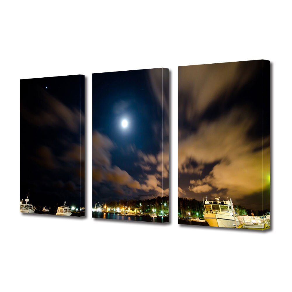 Set Tablouri Multicanvas 3 piese ArtDeco, Port in lumina lunii, Panza pe cadru de lemn, Decoratiuni Moderne pentru Casa, 3 x 20 x 30 cm