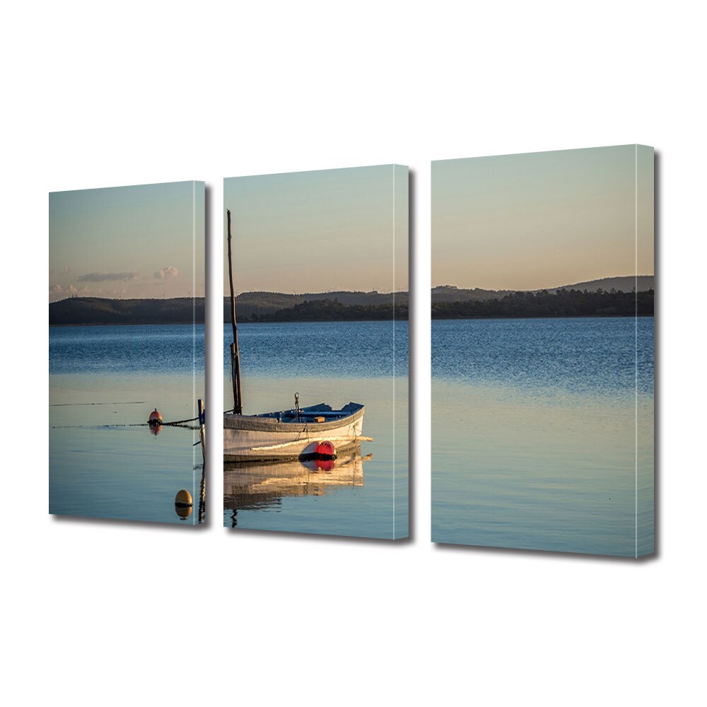 Set Tablouri Multicanvas 3 piese ArtDeco, Barca pe lac, Panza pe cadru de lemn, Decoratiuni Moderne pentru Casa, 3 x 20 x 30 cm