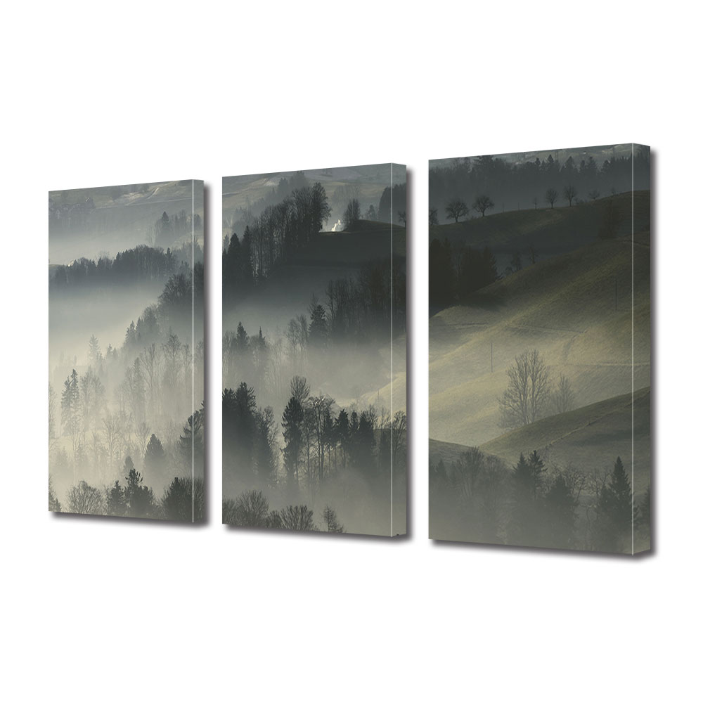 Set Tablouri Multicanvas 3 piese ArtDeco, Ceata printre dealuri, Panza pe cadru de lemn, Decoratiuni Moderne pentru Casa, 3 x 20 x 30 cm