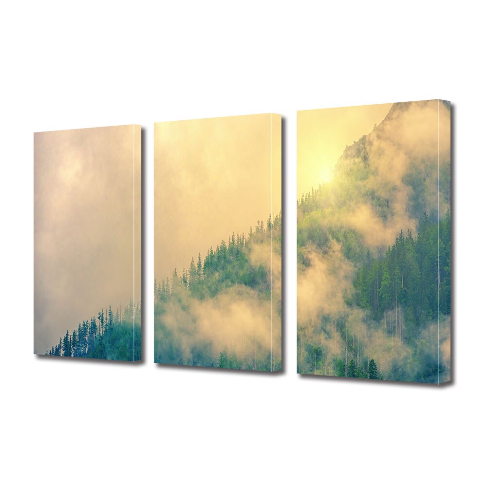 Set Tablouri Multicanvas 3 piese ArtDeco, Conifere in ceata, Panza pe cadru de lemn, Decoratiuni Moderne pentru Casa, 3 x 20 x 30 cm