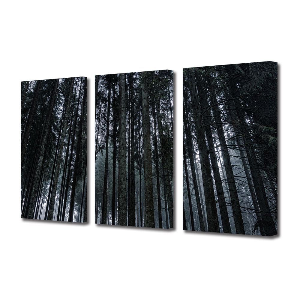 Set Tablouri Multicanvas 3 piese ArtDeco, Padure intunecata de brazi, Panza pe cadru de lemn, Decoratiuni Moderne pentru Casa, 3 x 50 x 70 cm